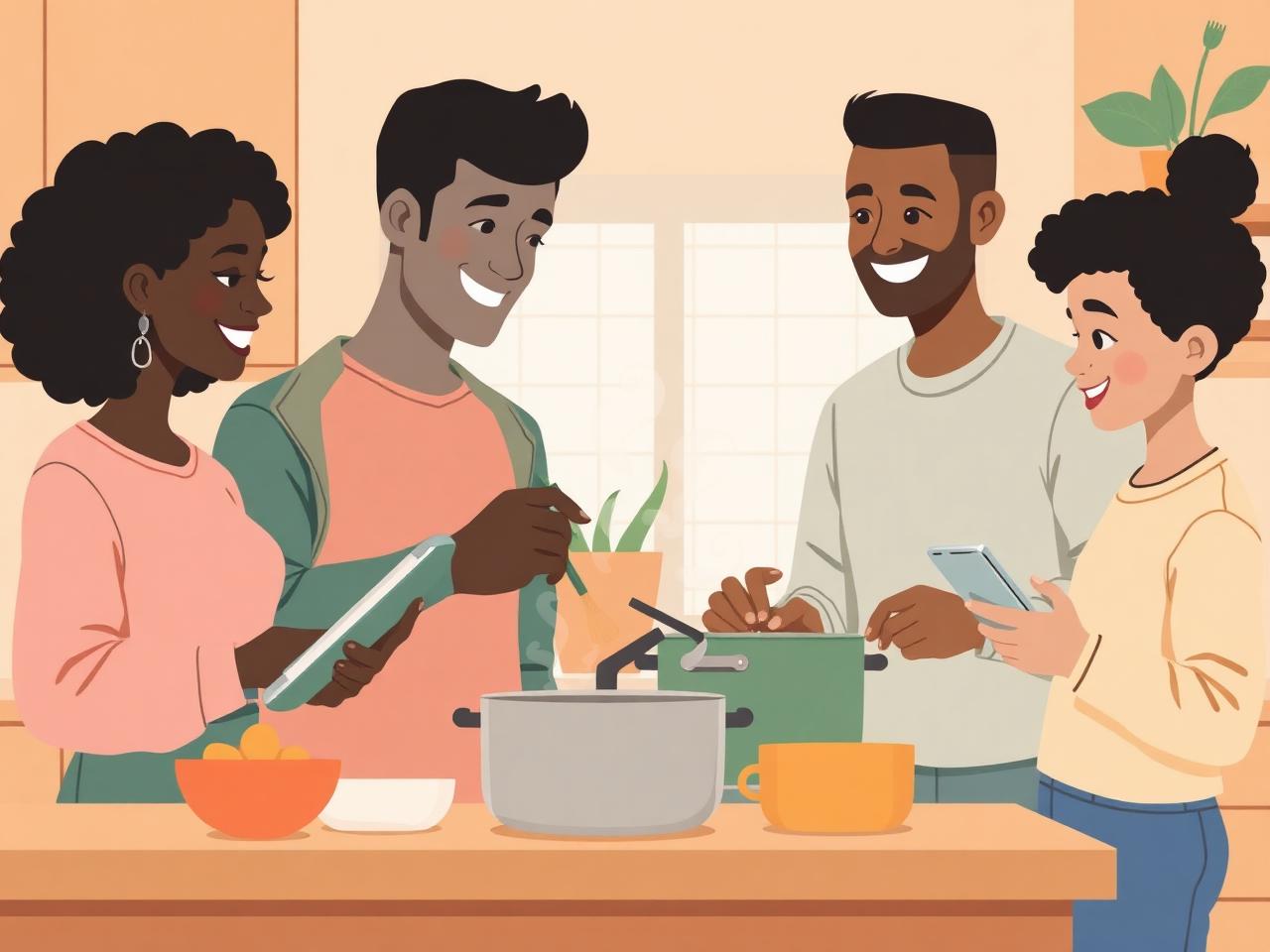 Diverse family cooking together in their kitchen